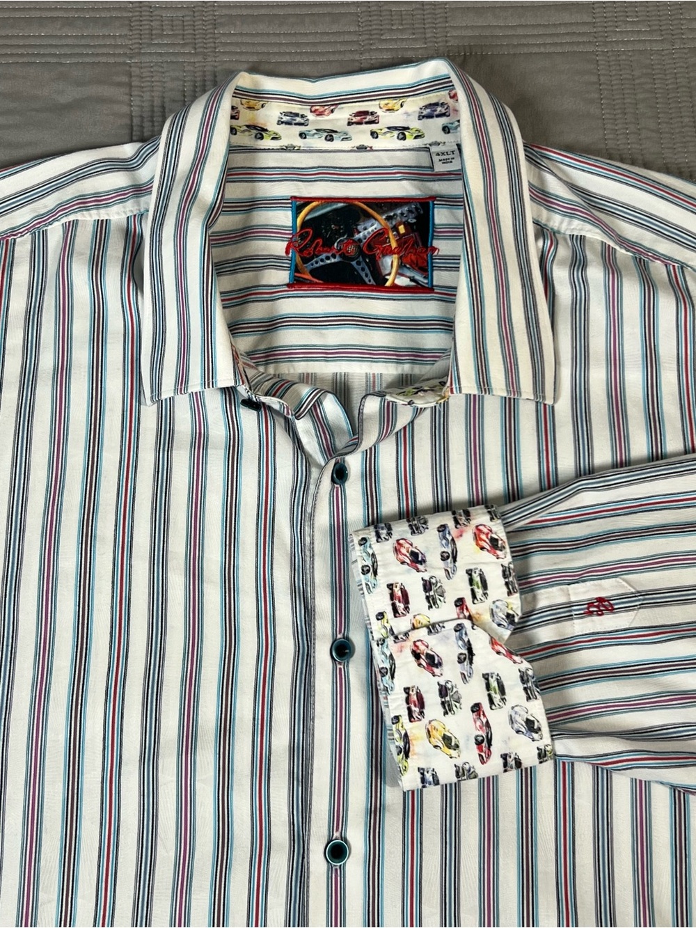 Robert Graham Shirt Men’s Size 4XLT  Striped Car Print Flip Cuff Long Sleeve